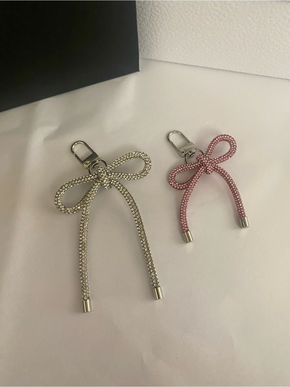 Crystal Bow Keychain Charm Clips - Pink and Silver